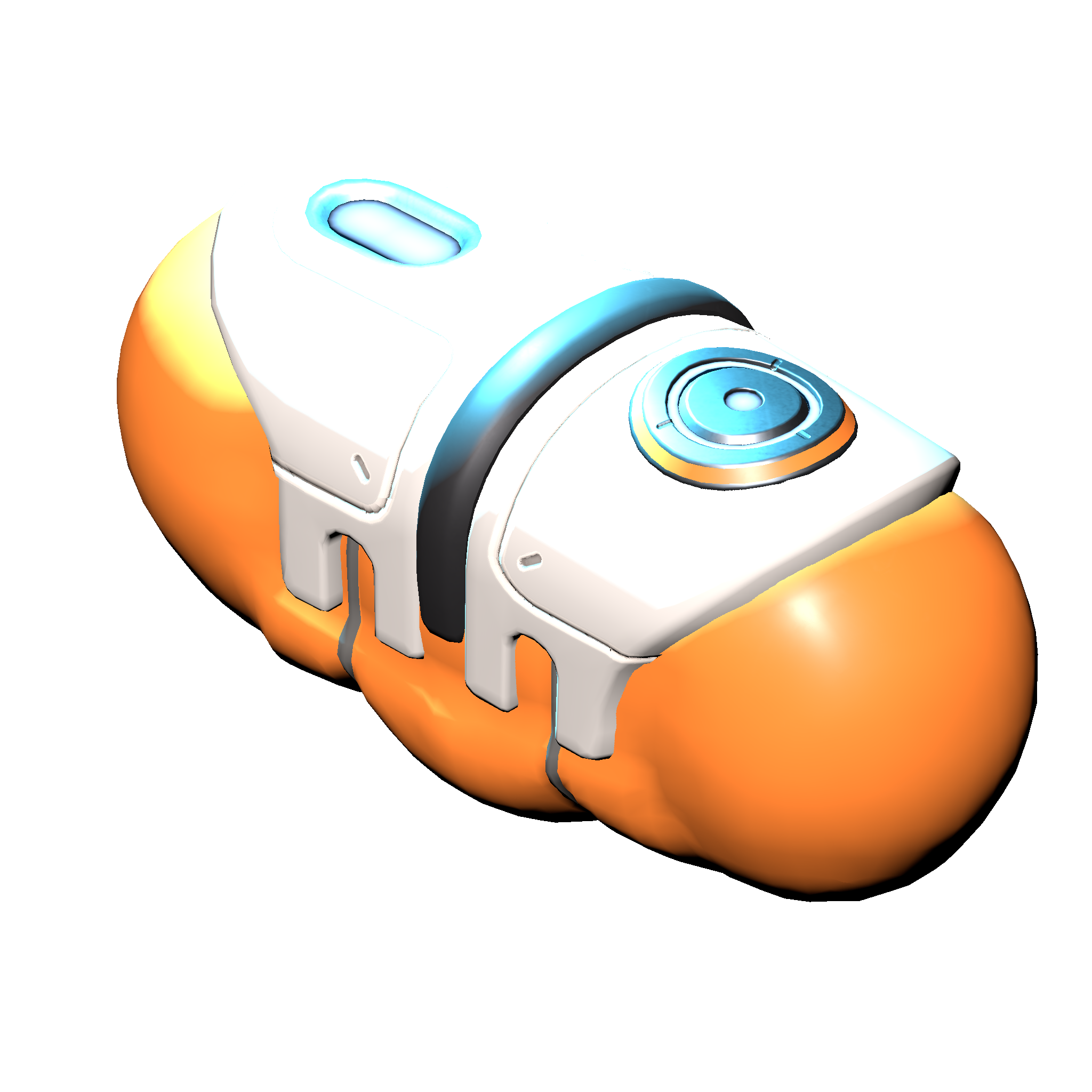 A Blackbox, an orange and white pod, with a blue hologram of a person.